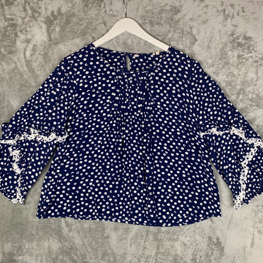 Soft Surroundings Blouse Top Polka Dot Pintuck Ruffle Lace Blue 3/4 Sleeve Small
